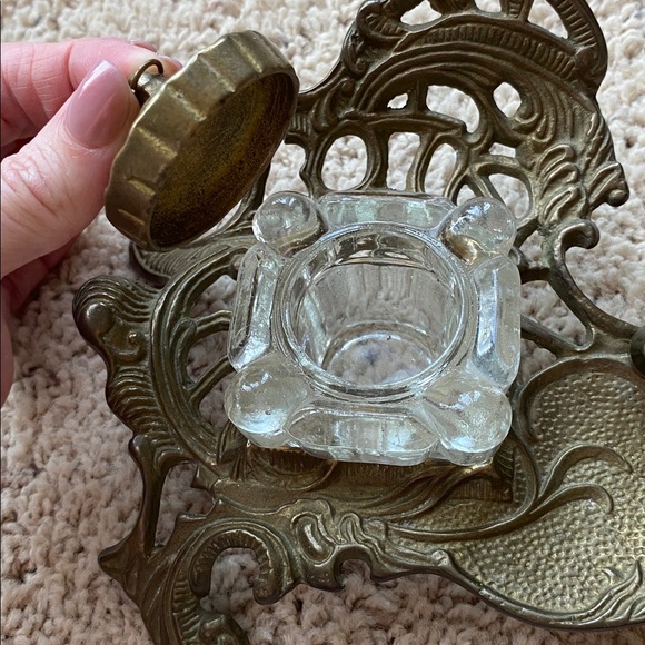 Vintage Brass Inkwell with Glass Insert - Picture 2 of 7